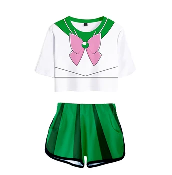 

3D Anime Sailor Moon Exposed Navel T-shirt+shorts women's two-piece sets casual Summer 3D Sailor Moon girls green two-piece sets
