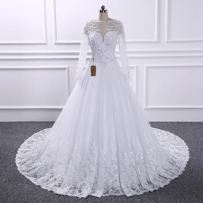 Vestido De Noiva, бальное платье, свадебные платья, иллюзия, сзади, принцесса, Trouwjurk, роскошный жемчуг, длинный рукав, свадебное платье, Casamento