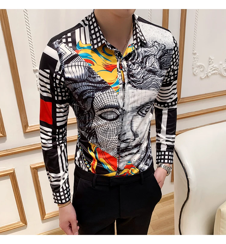 Золотая леопардовая рубашка с принтом для мужчин Camisa Masculina с длинным рукавом Slim Fit рубашки Повседневная модная мужская Клубная одежда Топ