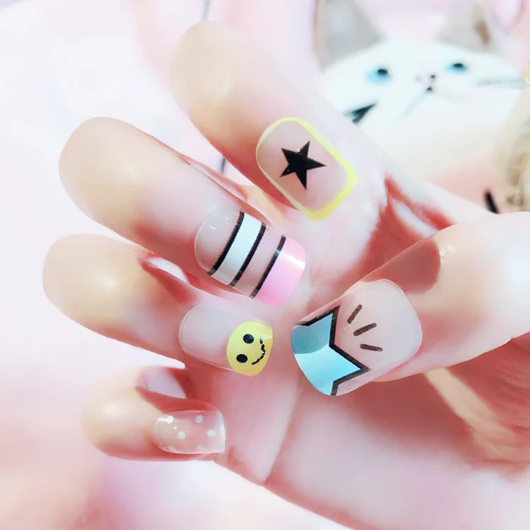 Pink Cute Cartoon 24 sheet/set Fake False Nail Tips Ladies Round Cover Glue Manicure Makeup New Design Pure Art Stickers S3 | Красота и