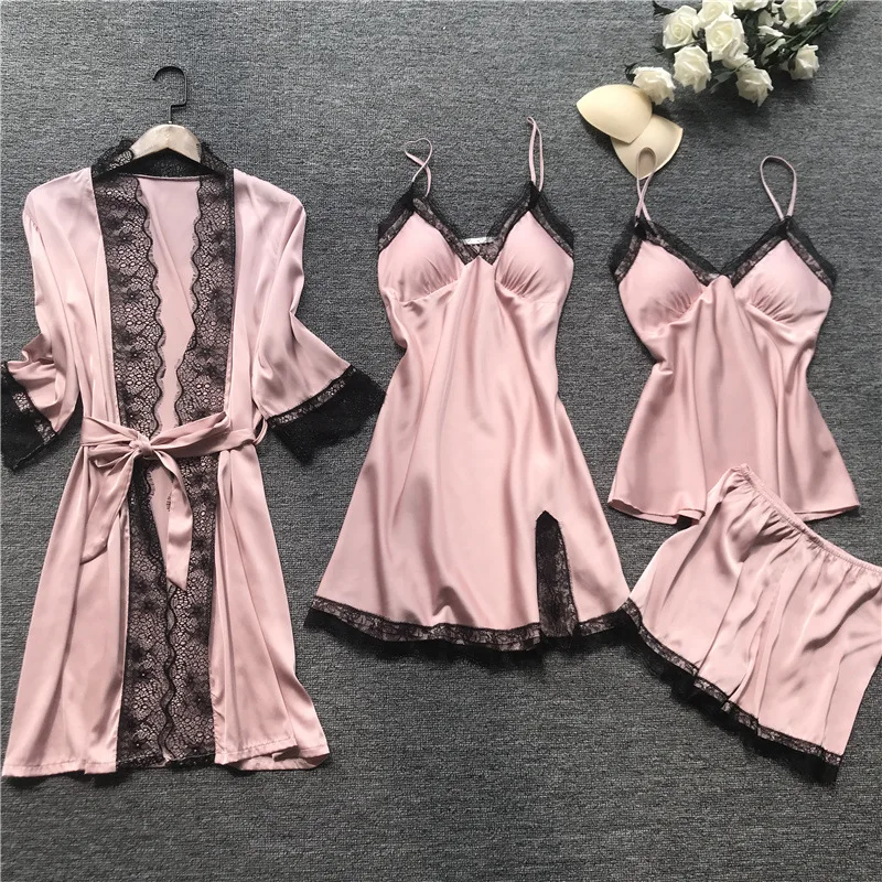 

Feier Women Pajamas 4 Pieces Satin Sleepwear Sleep Lounge Pyjama with Chest Pads Pijama Silk Home Wear Home Clothing
