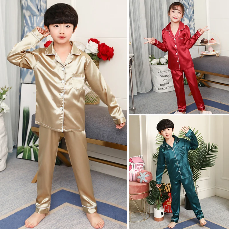 Childrens Boys Girls Ice Silk Pajamas Cardigan Long-sleeved Sleepwear Nightgown
