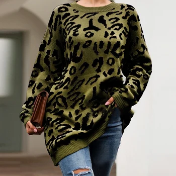 

Autumn And Winter Sweater Women Fashion New Round Neck Pullover Loose Bottoming Warm Sweater Large Size Leopard Sweater