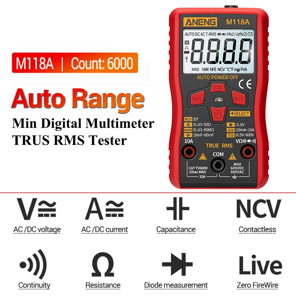 

M118A Digital Multimeter Mini Tester Auto Mmultimetro True Rms Tranistor Meter With NCV Data Hold 6000 Counts Flashlight