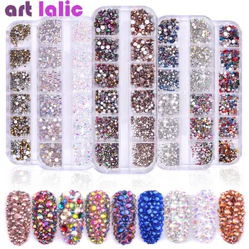 

1 Box Multi Size Glass Nail Rhinestones Mixed Colors Flat-back AB Crystal Strass 3D Charm Gems DIY Manicure Nail Art Decorations