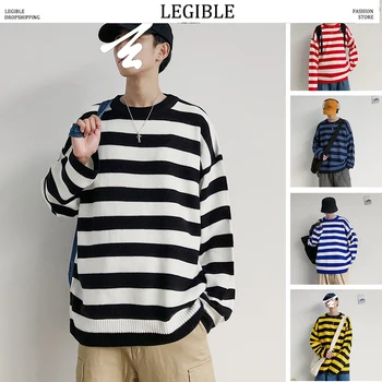 

LEGIBLE 2019 New Autumn Winter Hip Hop Striped Sweater Men Casual Loose Mens Sweaters O-Neck Knitting Pullovers Men