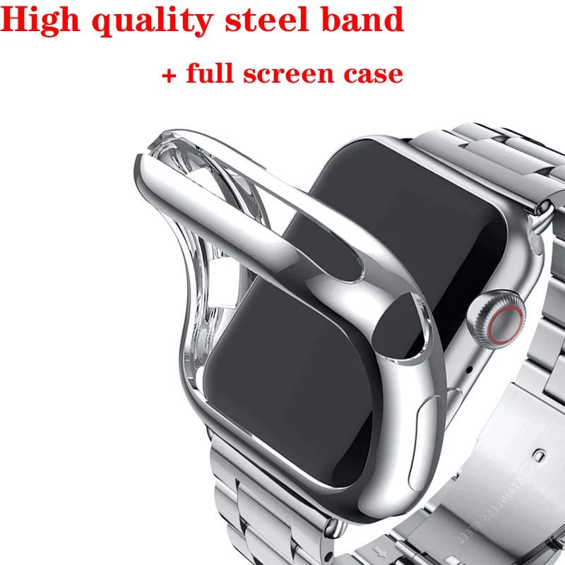 Металлический ремешок+ чехол для apple watch 4 5 ремешок 42 мм, 38 мм, Версия 44 мм 40 мм наручных часов iwatch, 5/4/3/2/1 браслет+ Полное защитное покрытие для экрана Комплектующие