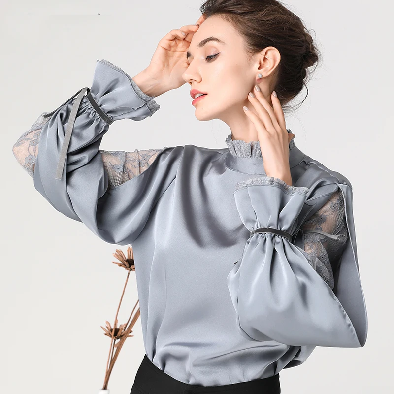 Goede Satijn Vrouwen  Blouse Stand Ruches Kraag Split Kant Mouw Losse Plus Size Dames Tops Mode Nieuwe 2019 Vrouwelijke Tops En blouses