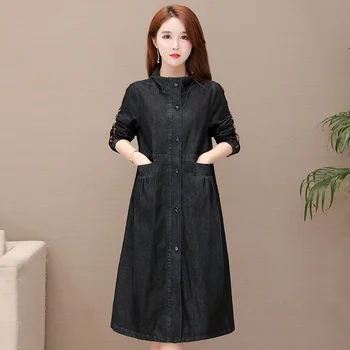 

spirng Women Long Sleeves Jeans Dress Korean Single-breasted Elegant Office Lady Midi Jeans Dress Female Black Denim dresses