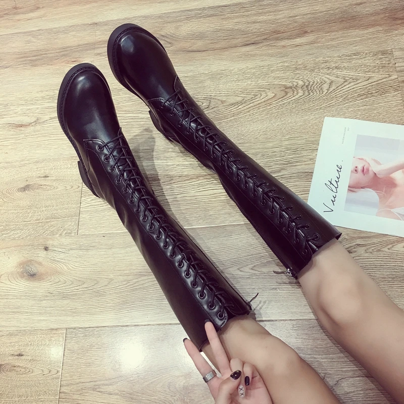 Высокие сапоги до колена женские мотоциклетные с перекрестной шнуровкой botas mujer