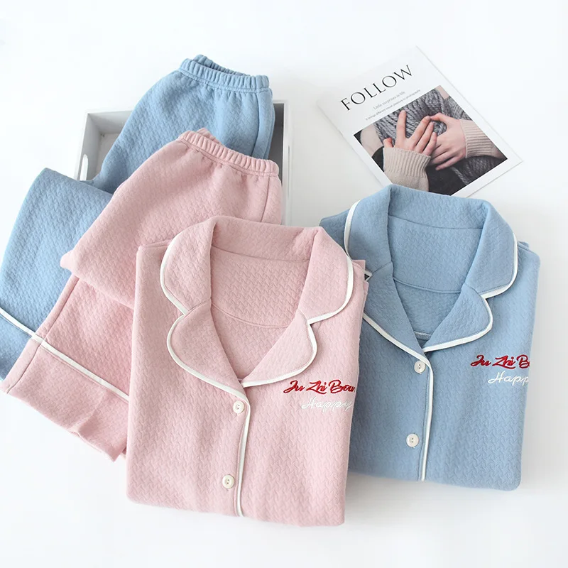 

Autumn And Winter Women's Air Layer Home Wear Thick Warm Padded Solid Color Long Sleeve Fold-down Collar Tracksuit