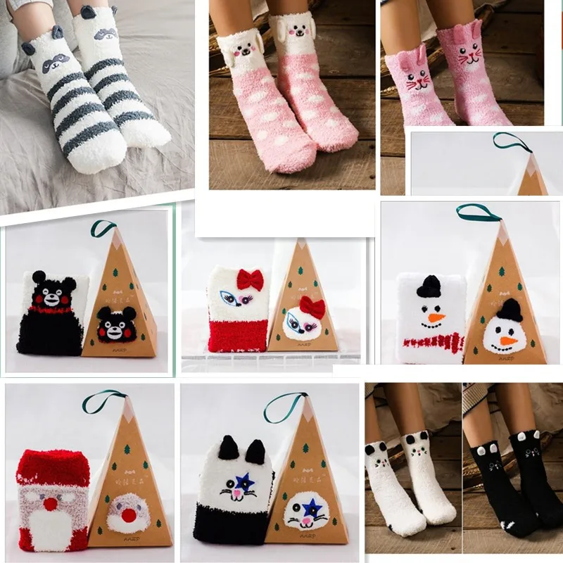 Милые Рождественские Носки с рисунком оленя в виде животных, подарок, объемные пушистые коралловые бархатные толстые теплые зимние носки для женщин, подарок на год, носки