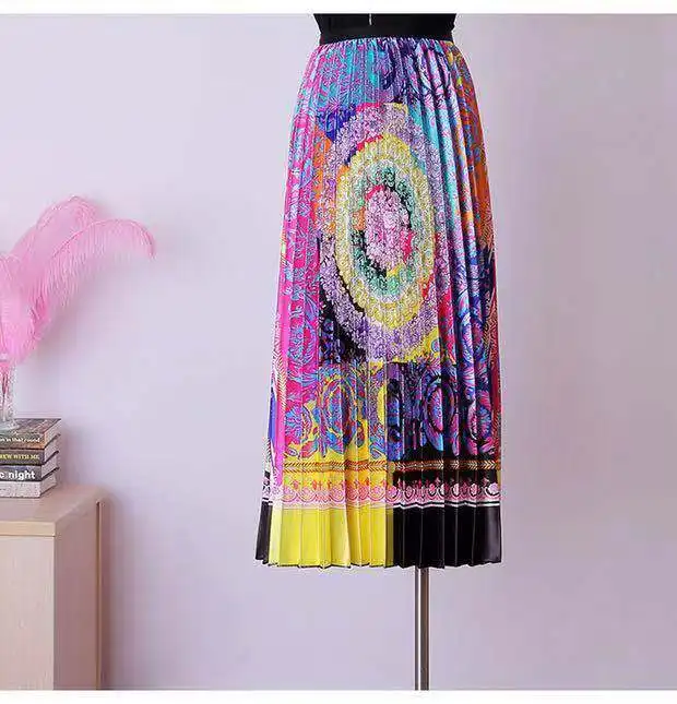 

high waisted pleated A word skirt women solid color ruffle A word skirt Elastic Waist Print Maxi Dress Medium