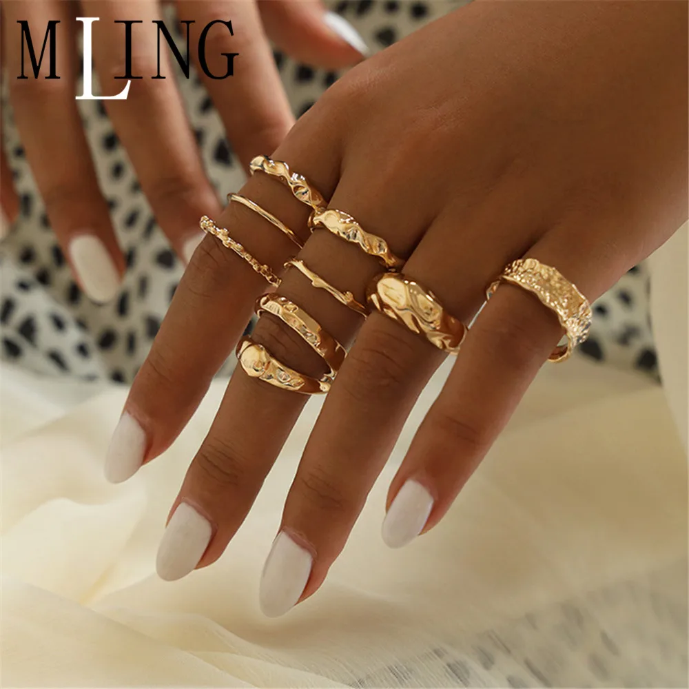

MLING 9 Pcs/Set Vintage Gold Geometric Ring Set Fashion Irregular Wave Ring For Women