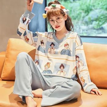 

New Style Pure Cotton Pajamas Female Spring And Autumn Long Sleeve Trousers Two-Piece Suit Clothing Wholesale May Outer Wear