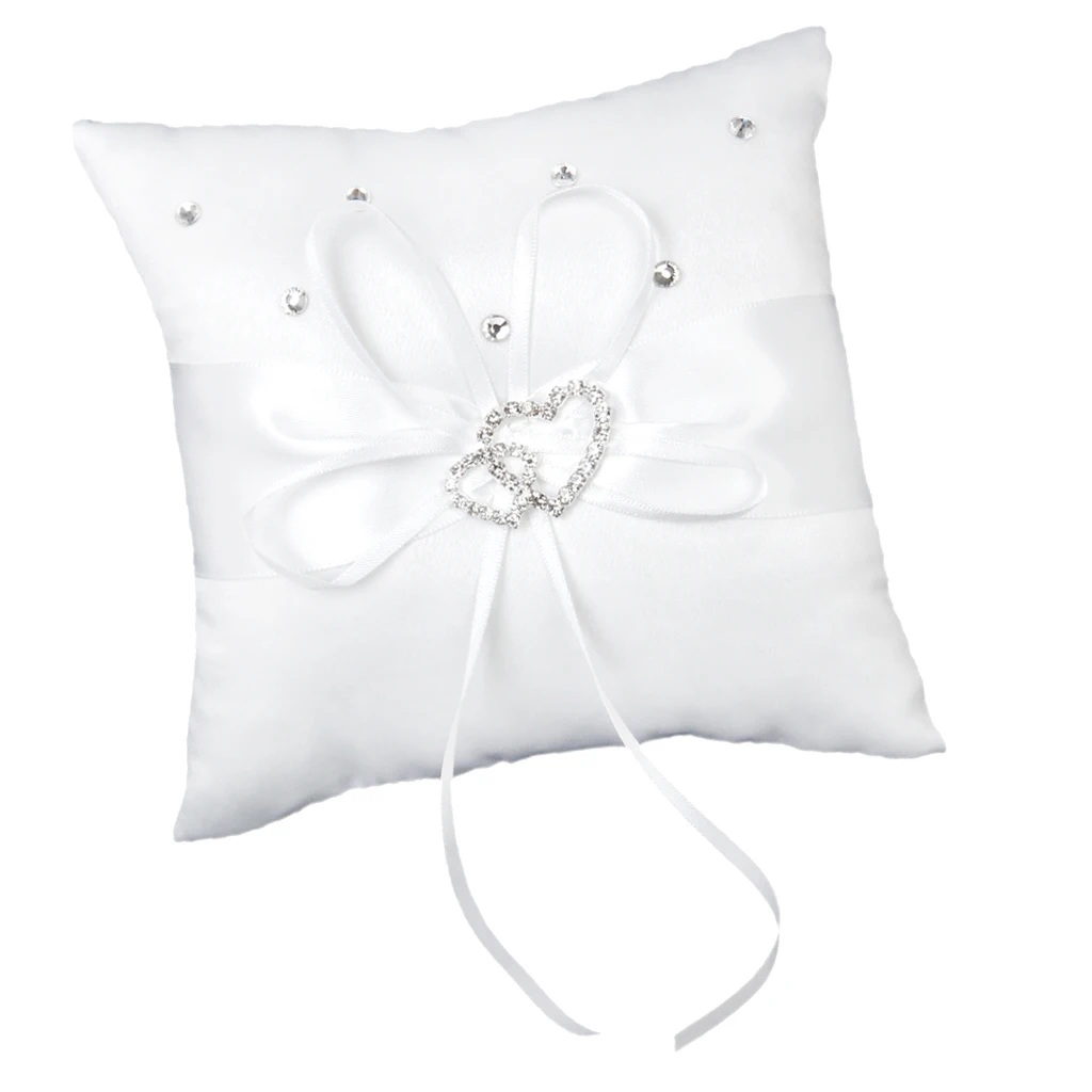Satin Bridal Ring Cushion White W/ Shiny Love Heart Diamante Wedding Pillow 6