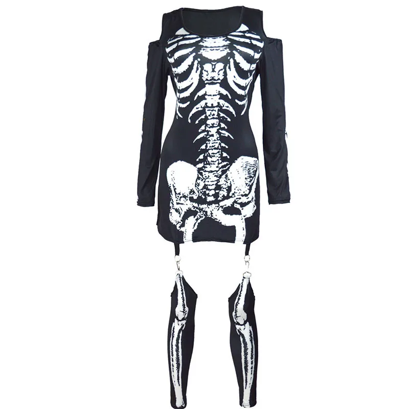 Хэллоуин страшный скелет кости Женский костюм демон зомби косплей наряд сексуальная подвязка Мини платье для леди Девушка Плюс Размер