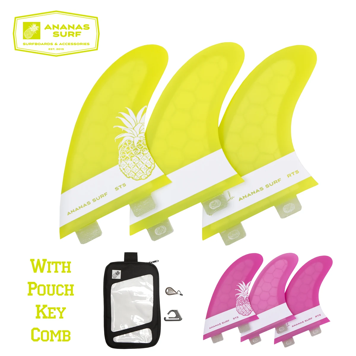 

Ananas Surf surfboard fins, thruster FCS base fin set kitesurfboard wakesurf sup accessories with pouch, finkey, wax comb 2019