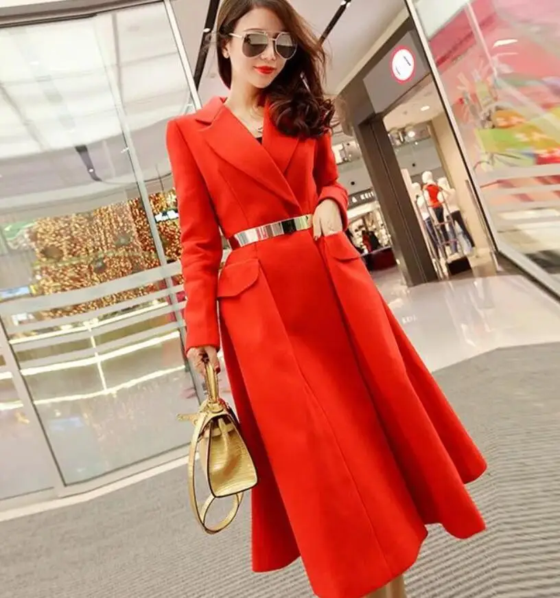 SHTONGHUA зимнее пальто женское красное Элегантное длинное шерстяное пальто Manteau Femme Vogue шерстяное пальто парка пальто с поясом - Цвет: Красный