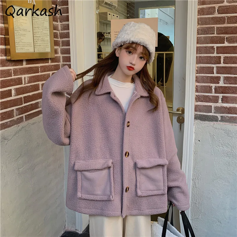 

Jackets Women Warm Solid Simple Outwear Teenagers Turn Down Collar Tender Basic Ulzzang Sweet Clothes Female Cozy Popular Ins