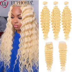 613 Brazilian Remy Human Hair Deep Wave Bundles With Lace Closure Wavy Platinum Blonde Hair Bundles With Closure 4x4 EUPHORIA