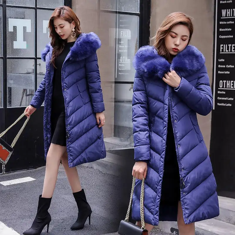 Парка женская зимняя на пуху из 2019 хлопка с большим меховым воротником и