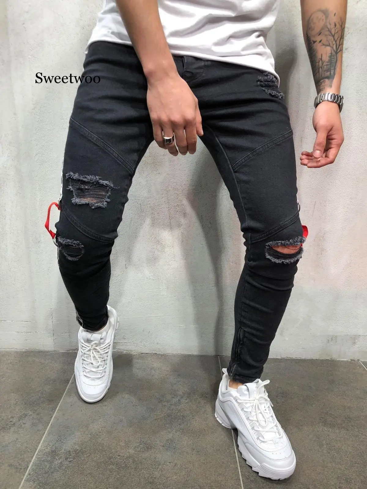 

2020 New Spring Mens Cool Designer Brand Black Jeans Skinny Ripped Destroyed Stretch Slim Fit Hop Hop Pants With Holes For Men