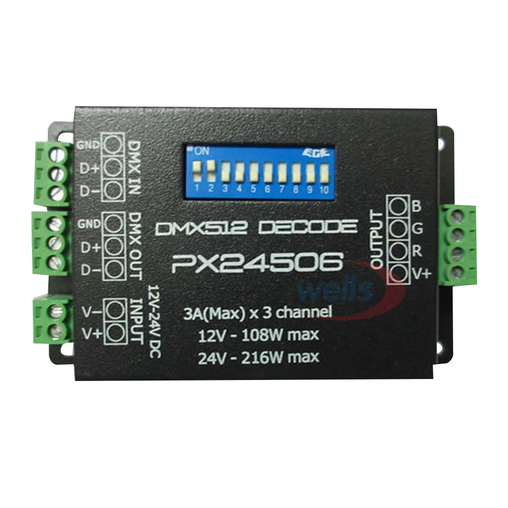PX24506 DMX 512 декодер драйвер 9A усилитель 12В 24В светодиодный DMX512 контроллер для RGB