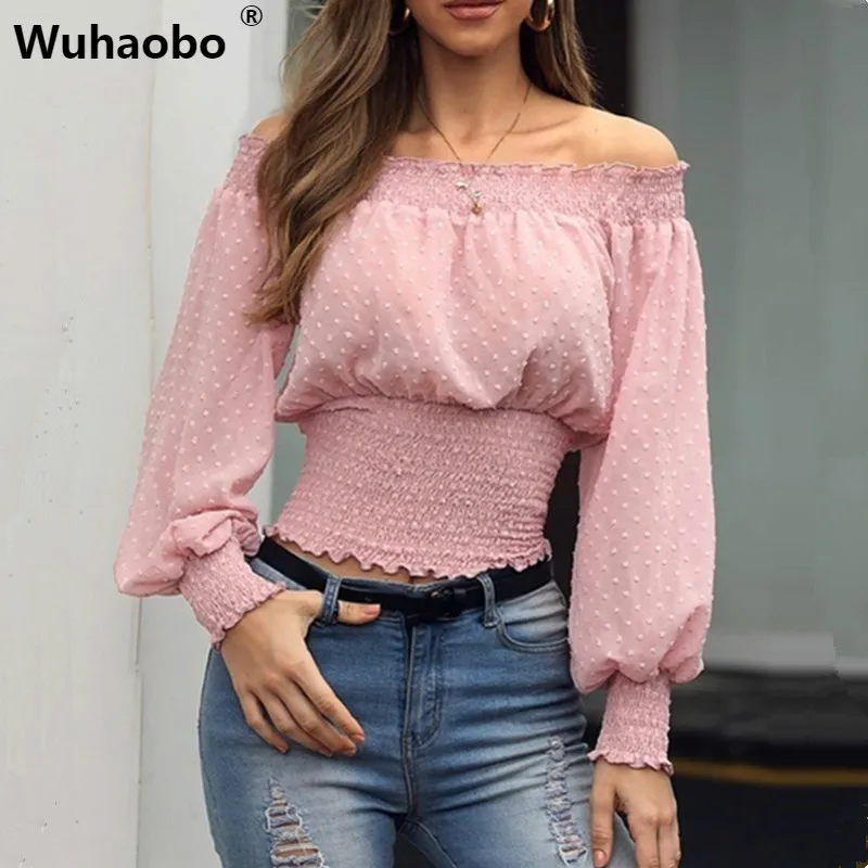 

Wuhaobo S-5XL 2019 Women Polka Dot Blouse And Shirt Sexy Slash Neck Ruffles Slim Chiffon Shirts Ladies High Street Tops Blusas