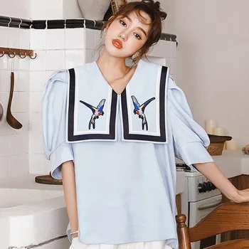 

Korean Fashion Vintage Temperament Embroidery Sailor Collar Pullover Shirt Palace Style Puff Sleeve 2020 New Casual Blouse B085