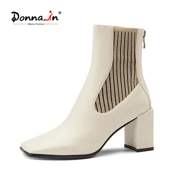 

Donna-in Square Toe Ankle Boots For Women Stretch Elegant Sexy Supper High Heels Genuine Leather Women Shoes Autumn Winter Botas