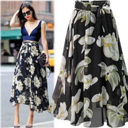 

New Style Western Style Floral-Print Chiffon Skirt Mid-length Versatile Big Skirt