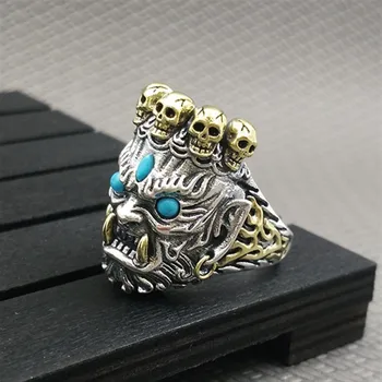 

S925 sterling silver vintage national style handmade personality trend domineering big black sky tide men sterling silver open r