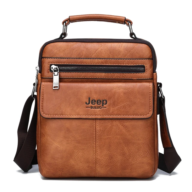 JEEP BULUO Brand Men's Crossbody Shoulder Bags High quality Tote Fashion Business Man Messenger Bag Big Size Split Leather Bags Only Bag-Orange