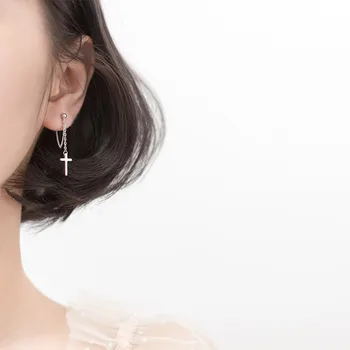 

925 Sterling Silver Cross Drop Earrings For Women Girls Simple Long Chain Earrings Fashion Brincos Accessories Gift