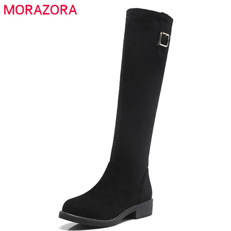 Женские сапоги из флока MORAZORA черные до колена с пряжкой на квадратном каблуке