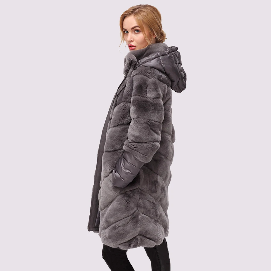 CNEGOVIK NEW long rex rabbit fur coat stand-collar