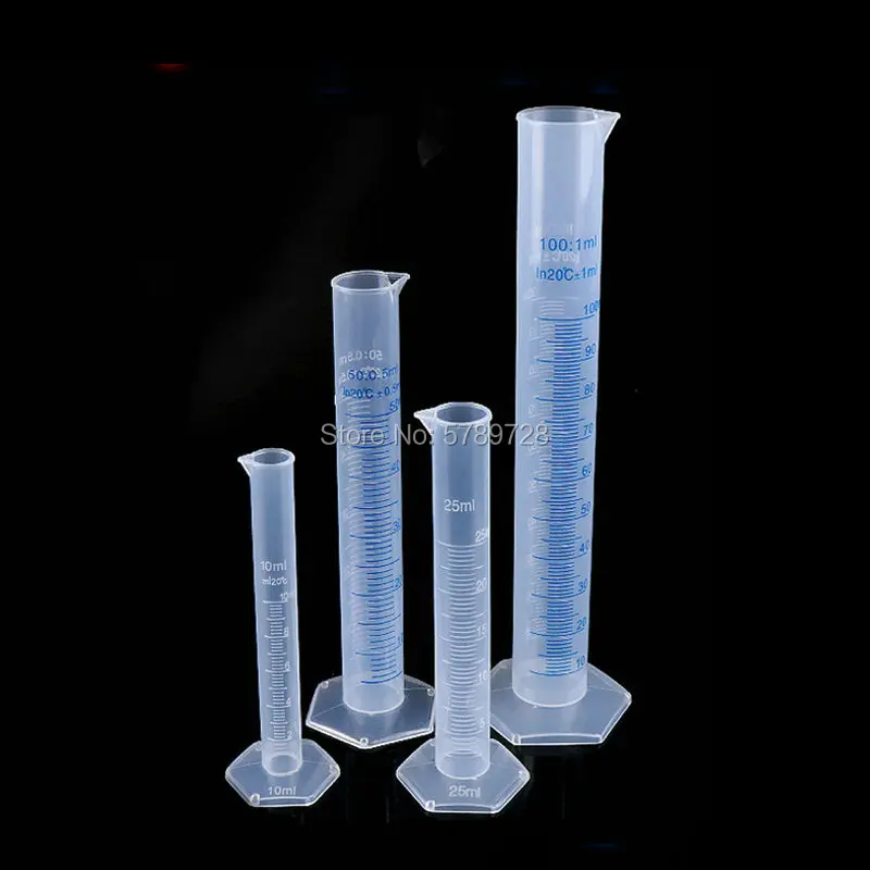 1set (10ml, 25ml, 50ml, 100ml) lab plastic Graduated Plastic Measuring Cylinder With White and Blue Double Scale Line
