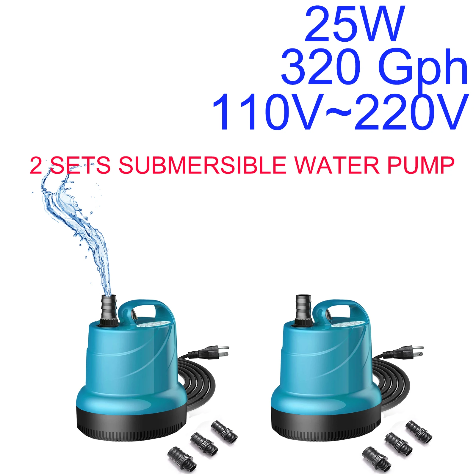 2X 320GPH Adjustable Submersible Water Pump Aquarium Fish Fountain Hydroponic 