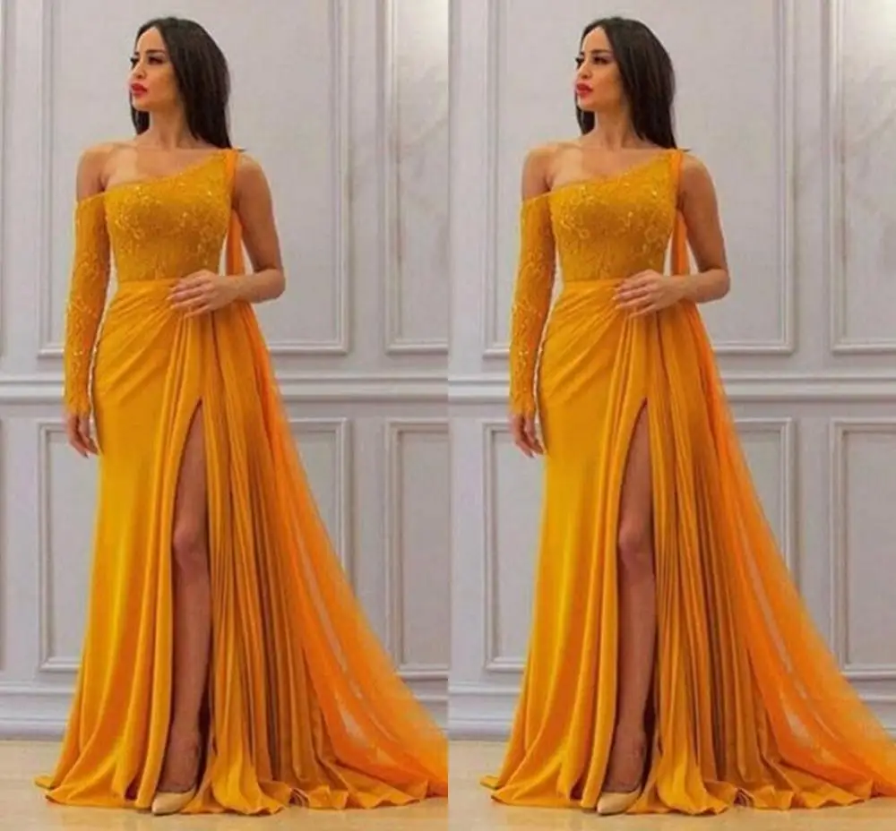 2024 w Sexy One-Shoulder Top Lace Arabic Muslim Prom Dresses Gold Chiffon Slit Evening Party Dress Hot Sale Robe De Soiree