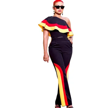 

2020 Spring Women Set Skew Collar Sleeveless Suits Striped Two Piece Set Top And Pants Casual Ruffles Tracksuit Women Outfits