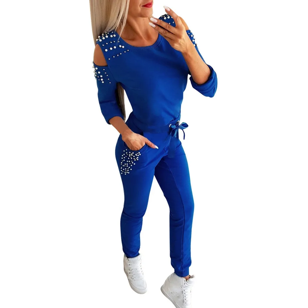 Hсу Лидер продаж 2 шт./компл. Для женщин однотонные Цвет Бисер Толстовка и штаны, тренировочный костюм, спортивный костюм спортивные куртки - Цвет: Синий