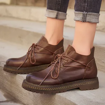 

boot women's new fall 2019 low fitting casual versatile leather hand-made short boots top layer leather women's single