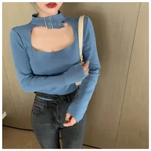 Suéter básico com botões gola alta feminino, camisola sexy primavera outono harajuku de manga comprida streetwear