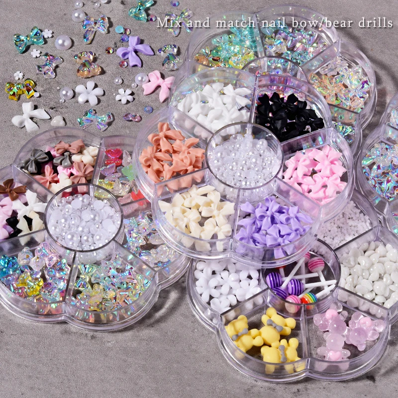 

7 in 1 Mixed Styles Rhinestones Pearls 3D Nail Art Decoration Bear Butterfly Beads Studs for DIY Craft Jewelry Making