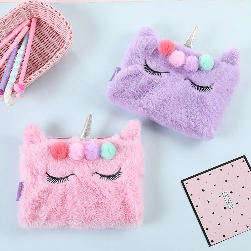 

Cute Girls Plush Unicorn Cosmetic Bag Soft Embroidered Unicorn Fur Ball Makeup Case For Portable School Student Pencil Case Bag