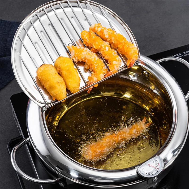Japanese Deep Frying Pot with a Thermometer and Lid 304 Stainless Steel Kitchen Tempura Fryer Pan | Дом и сад
