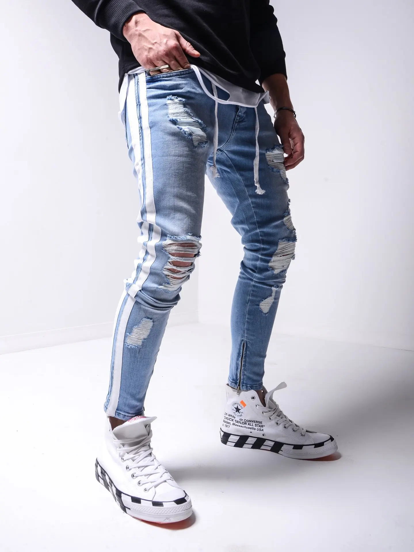 Mens Destroyed Ripped Denim Jeans Slim Fit Straight Jean with Broken Holes 