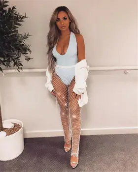

Crystal Diamond Mesh Pants Women Summer Sexy Hollow Out Transparent Loose Long Fishnet Pants 2019 New Beach Pants