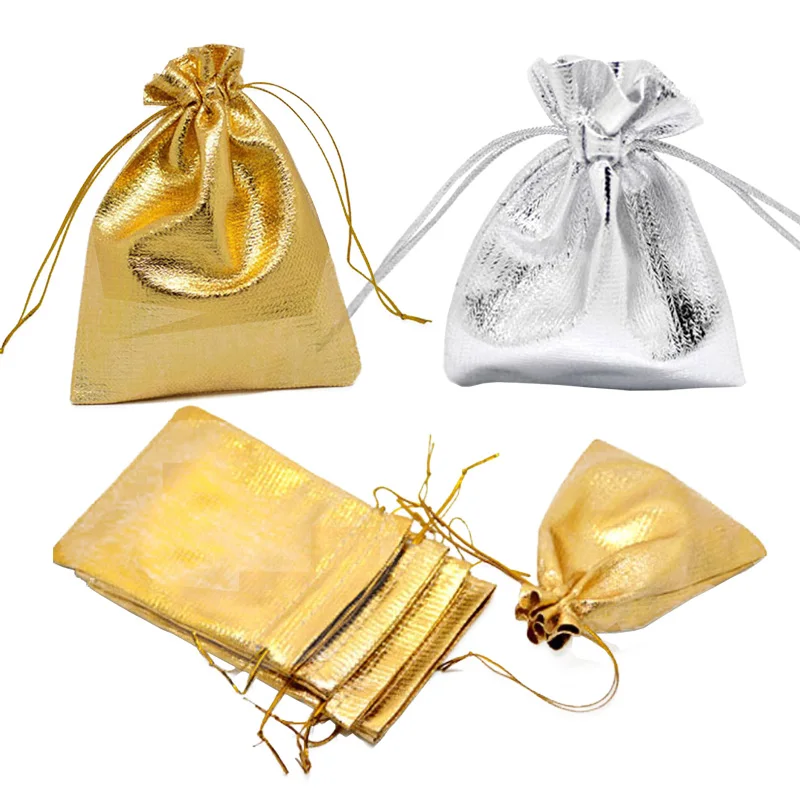 50pcs Adjustable Organza Bag Jewelry Packing Fabric Bag Silver Color/Gold Color Drawstring Wedding Pouches Gift Bags Pouches